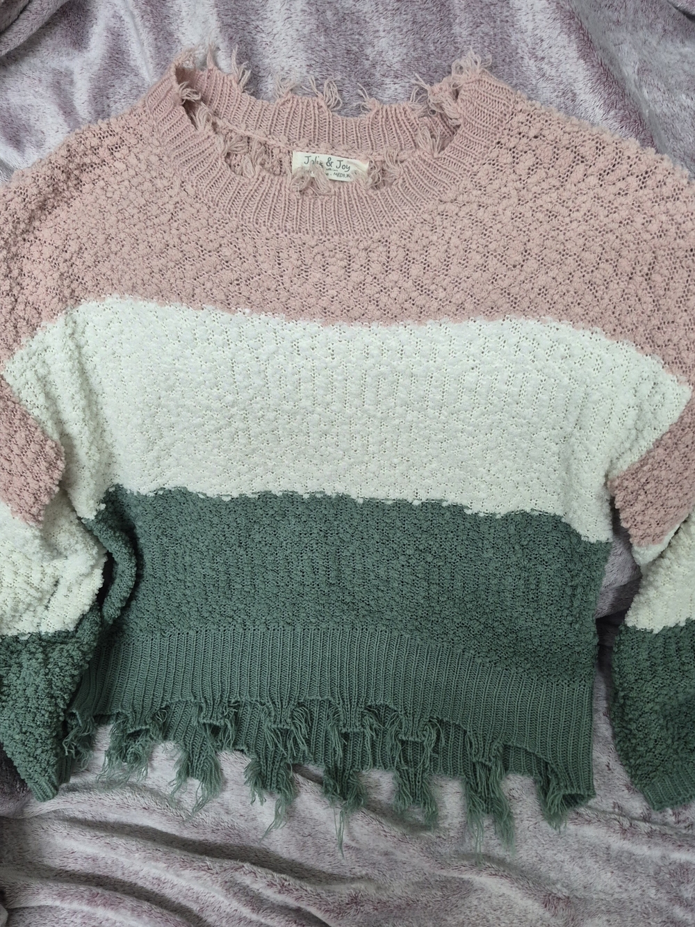 Distressed Colorblock Crewneck Sweater — Pink, White & Green